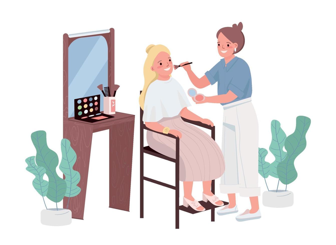 Make up flat color vector characters. Cosmetology treatment for young woman. Professional makeup artists. Stylist adviser. Visage instruction. Beauty salon procedure isolated cartoon illustration