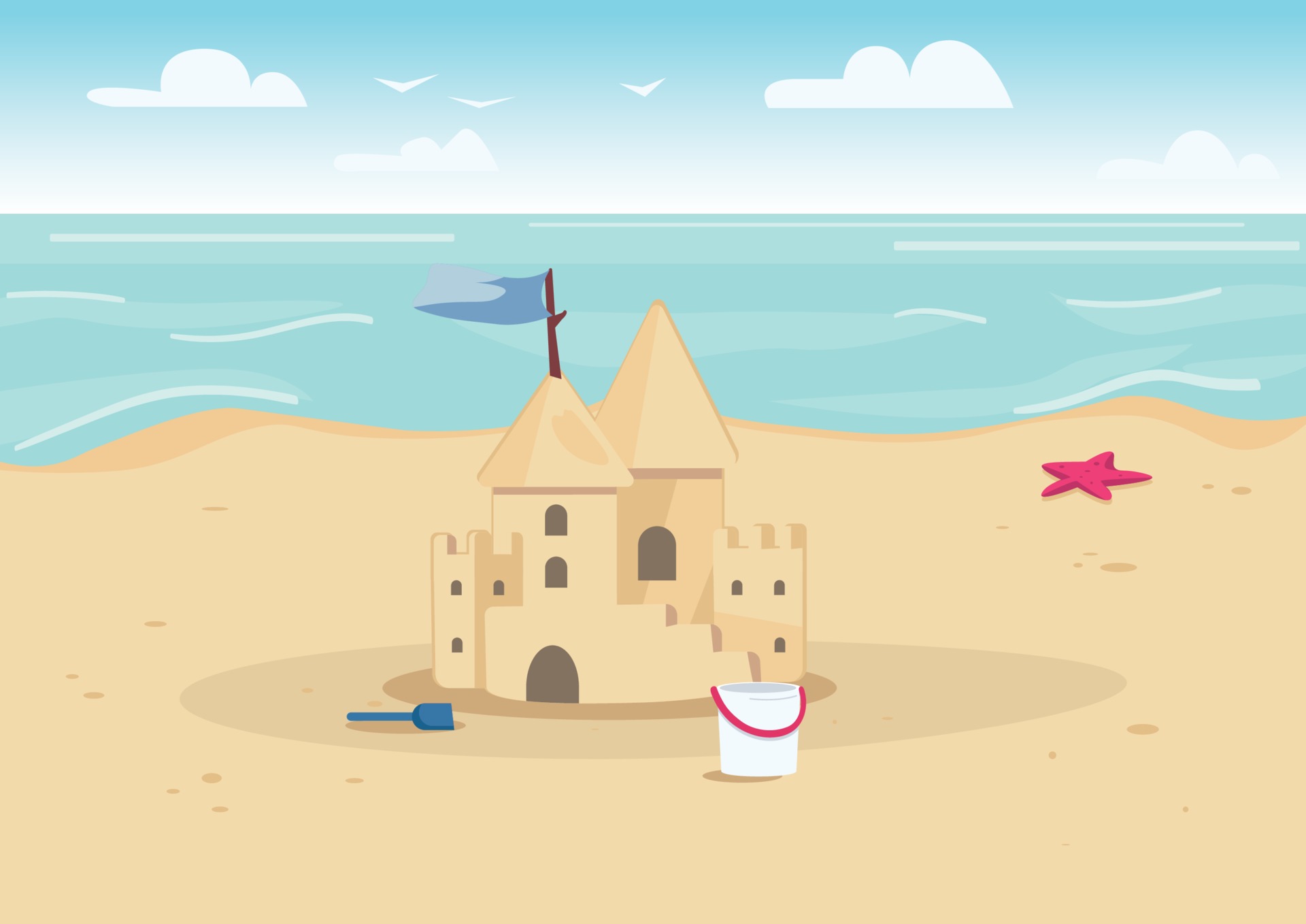 Sandcastle on beach flat color vector illustration. Summer vacation  entertainment for kids. Sand castle and children toys on seacoast 2D cartoon  landscape with water on background 2252379 Vector Art at Vecteezy