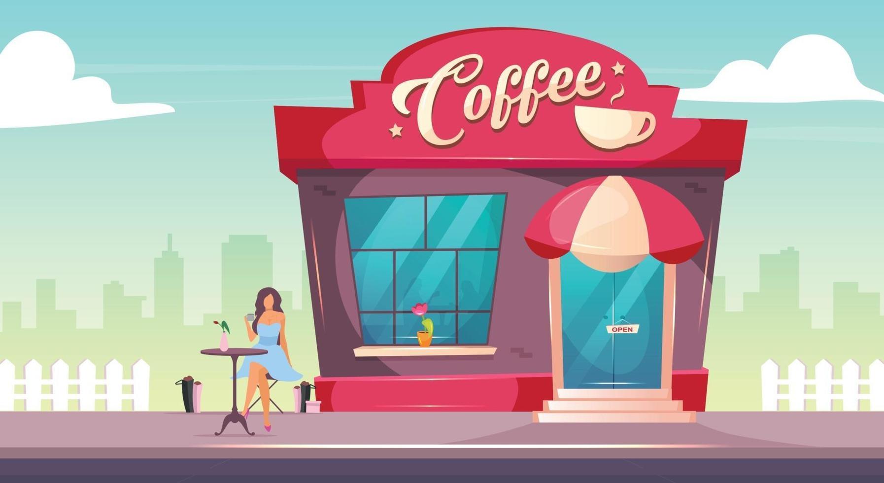 coffeeshop en la ilustración de vector de color plano de acera. persona que tiene un brunch en el café exterior. exterior del restaurante. escaparate del edificio de ladrillo. paisaje urbano moderno de dibujos animados en 2d con mujer en el fondo