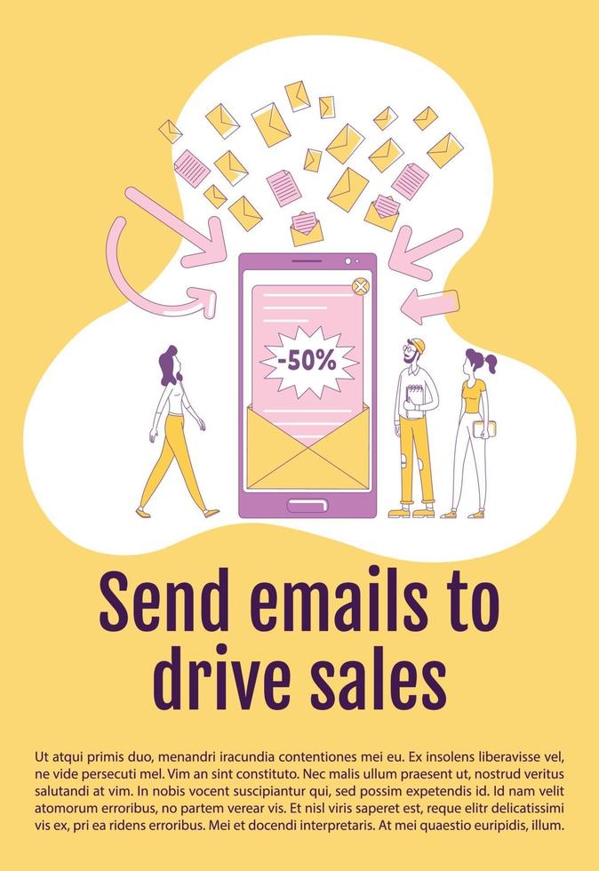 Send emails to drive sales poster flat silhouette vector template. Digital marketing brochure, booklet one page concept design with cartoon characters. Newsletter flyer, leaflet with text space