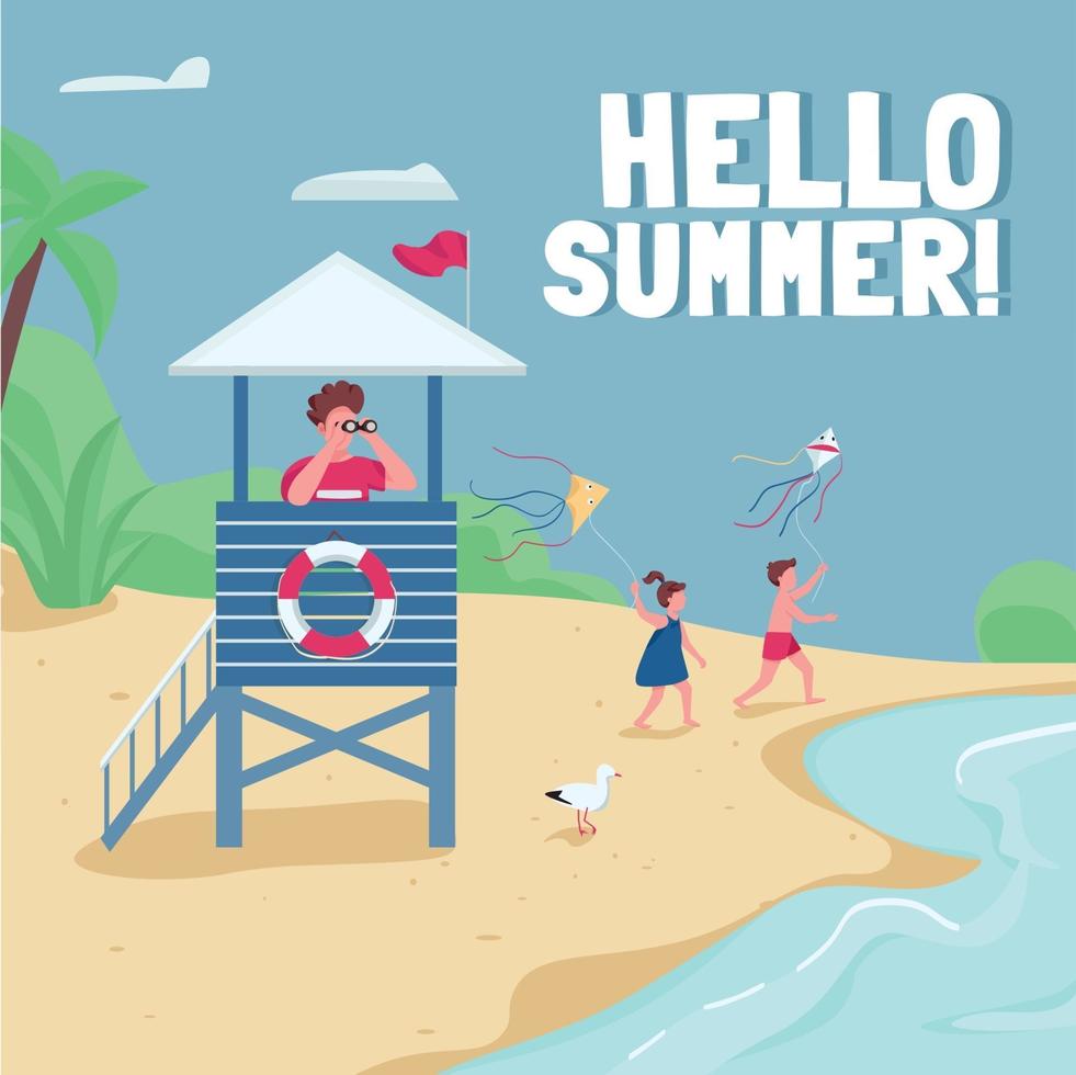 Beach safety, lifeguard tower social media post mockup. Hello summer phrase. Web banner design template. Booster, content layout with inscription. Poster, print ads and flat illustration vector