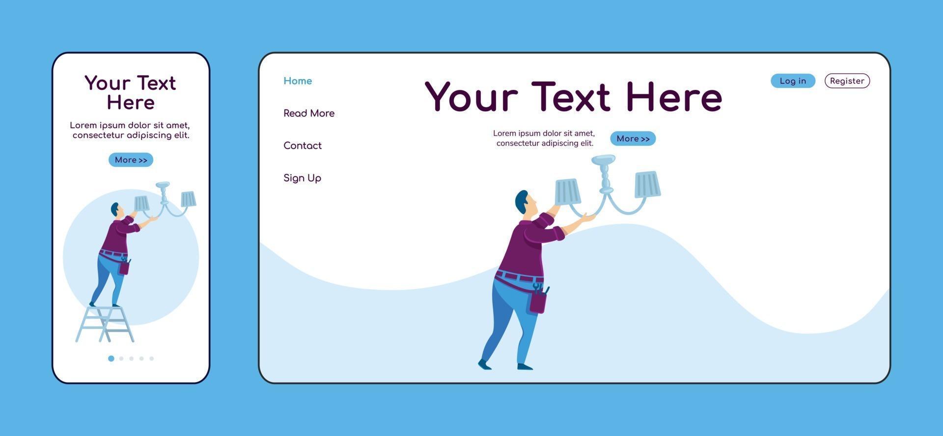 Fixing chandelier adaptive landing page flat color vector template. Electric services mobile and PC homepage layout. Handyman one page website UI. Home repair webpage cross platform design