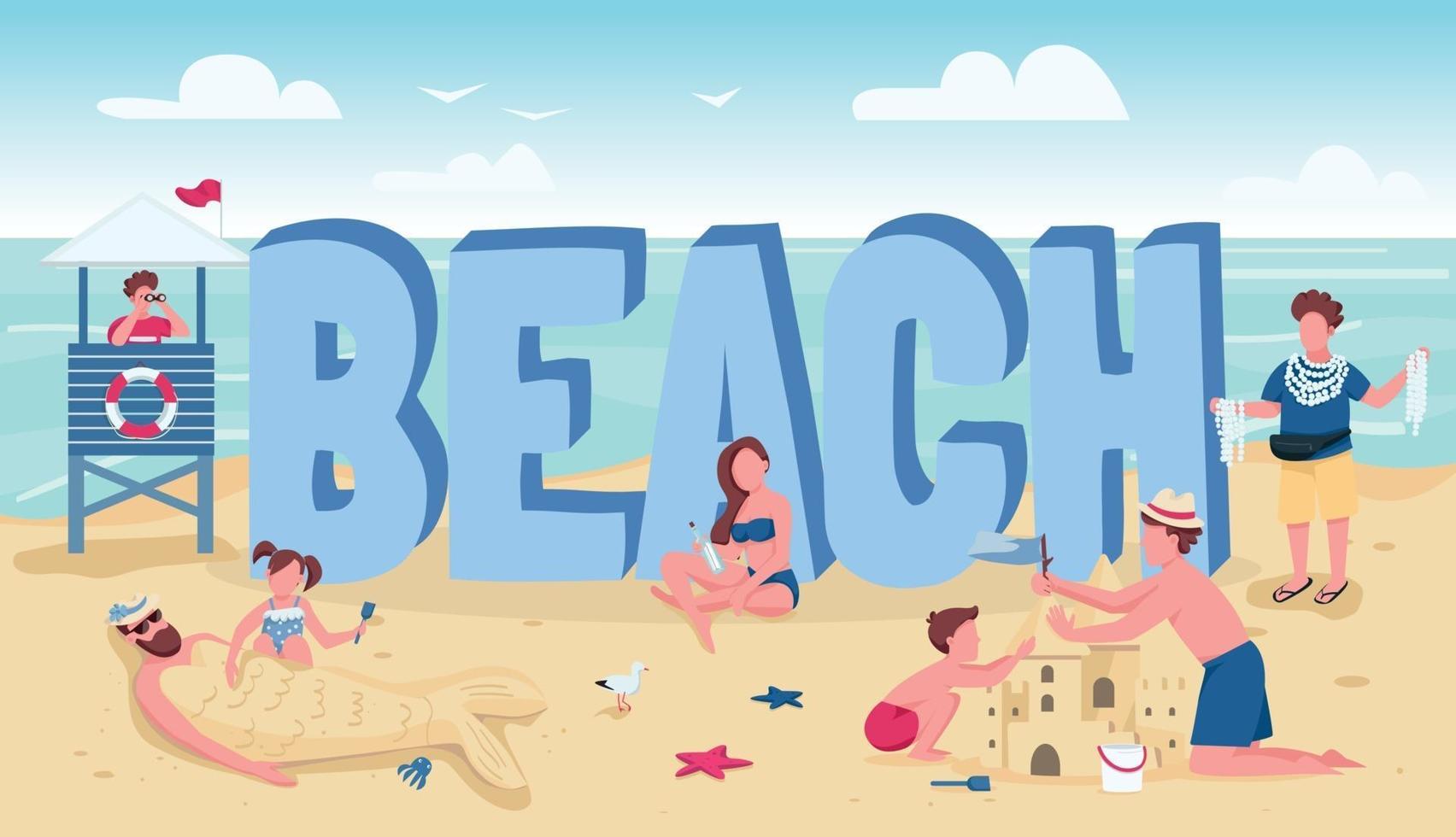 Beach word concepts flat color vector banner. People summertime activities. Summer vacation recreation. Typography with tiny cartoon characters. Holidaymakers relaxing creative illustration