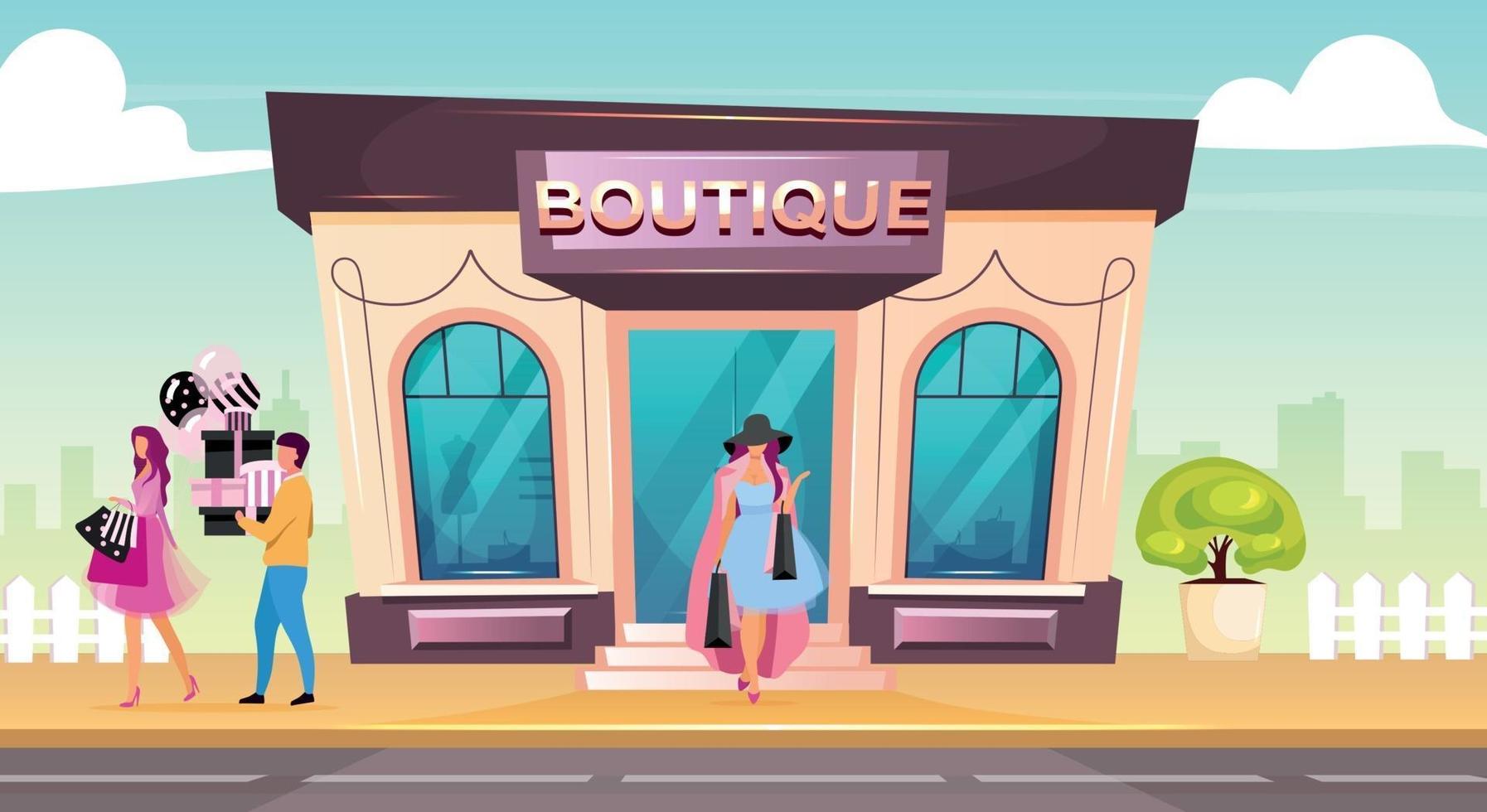 Boutique front flat color vector illustration. Woman buying clothes in premium shop. Luxury fashion store for garment purchase. Modern 2D cartoon cityscape with customers on background