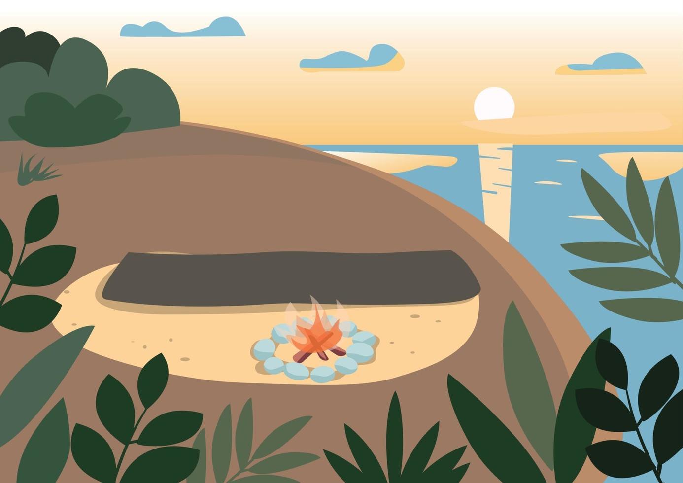 playa en la ilustración de vector de color plano de noche. manta de picnic cerca de la hoguera. camping de verano, vacaciones en la naturaleza. Costa de la tarde, acantilado y mar paisaje de dibujos animados en 2d con puesta de sol en el fondo