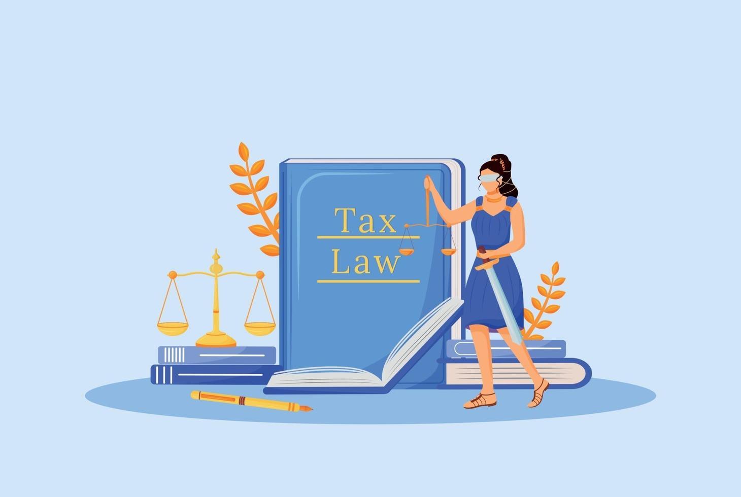 Tax law flat concept vector illustration. Themis 2D cartoon character for web design. Economic education, financial literacy. Taxation policy learning, legal obligation creative idea