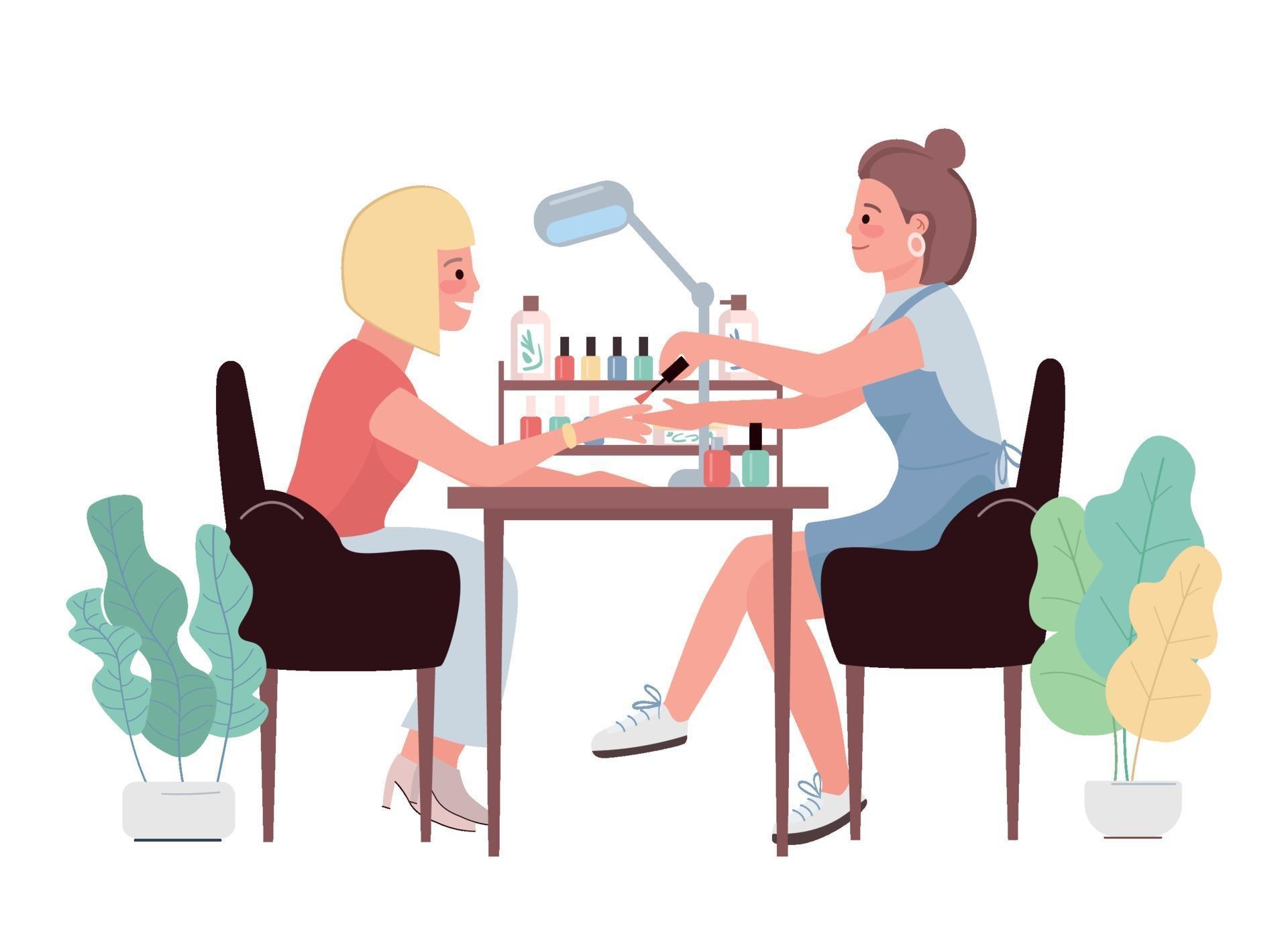 Manicure flat color vector characters. Woman polishing nails on hand