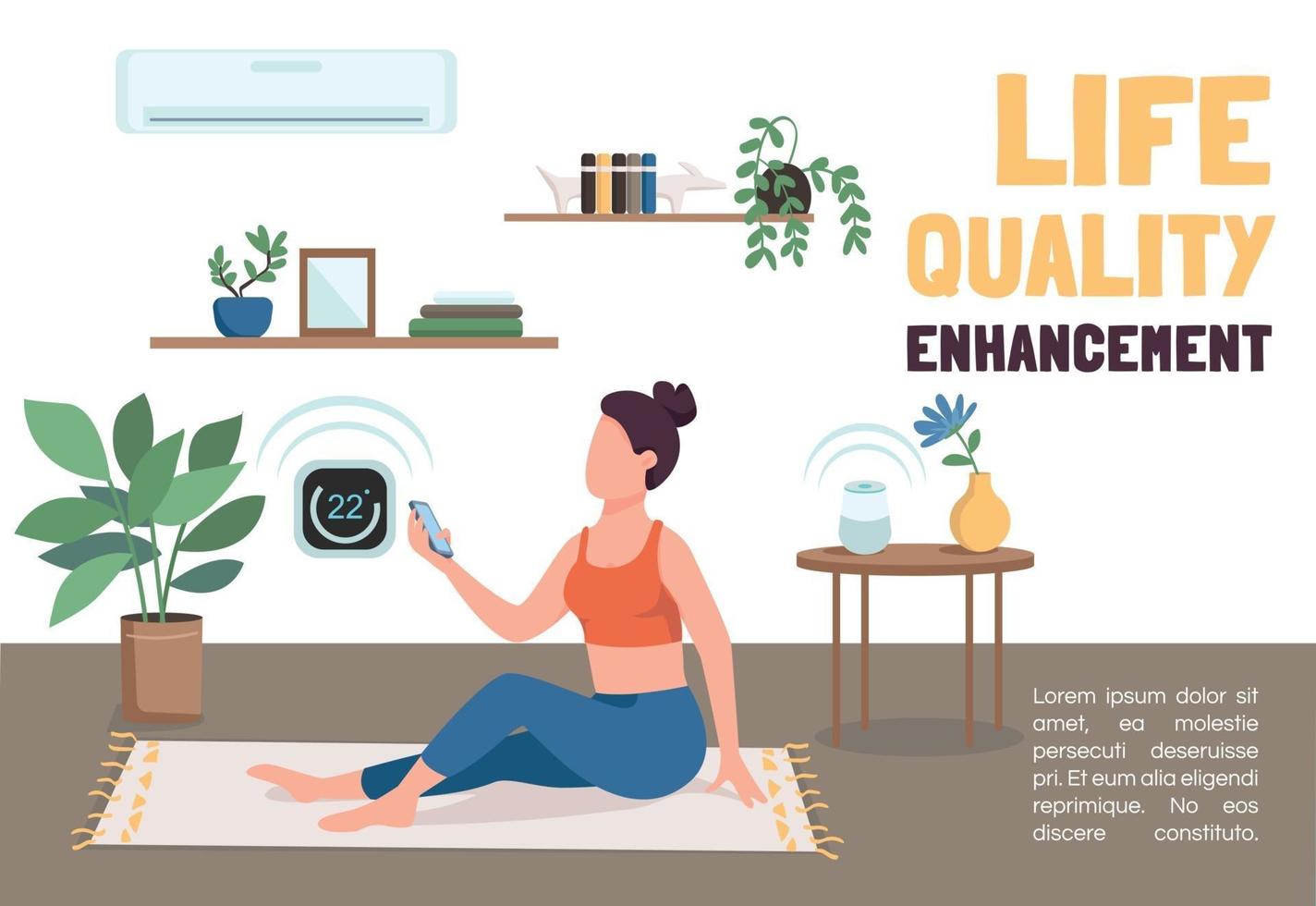 Life quality enhancement banner flat vector template. IOT technologies brochure, poster concept design with cartoon characters. Climate control system horizontal flyer, leaflet with place for text