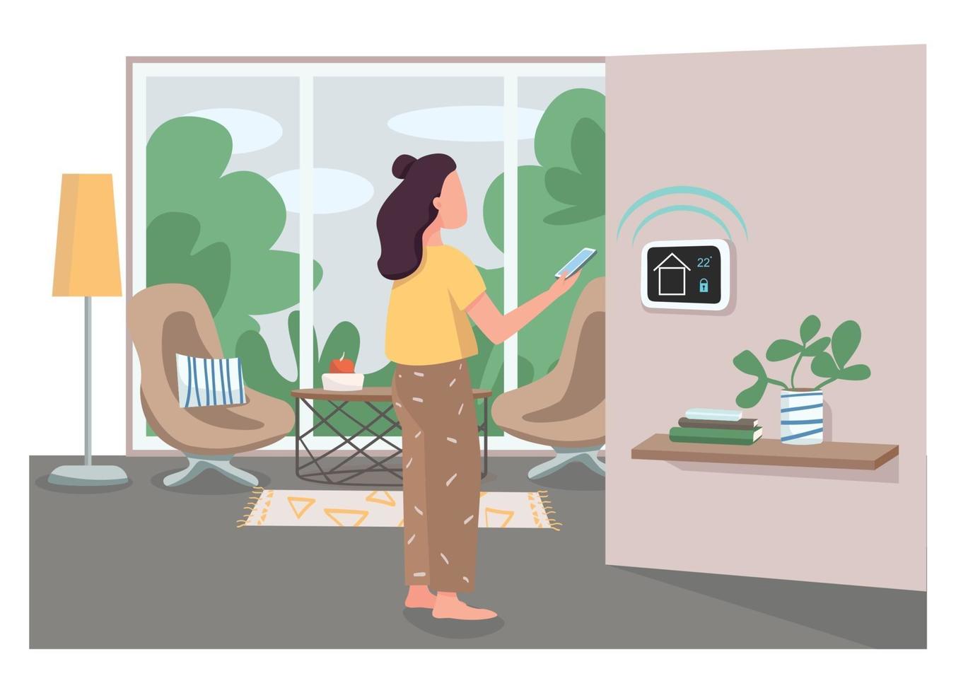 Girl using smart home management panel flat color vector faceless character. Innovative house control system. IOT technology control cartoon illustration for web graphic design and animation