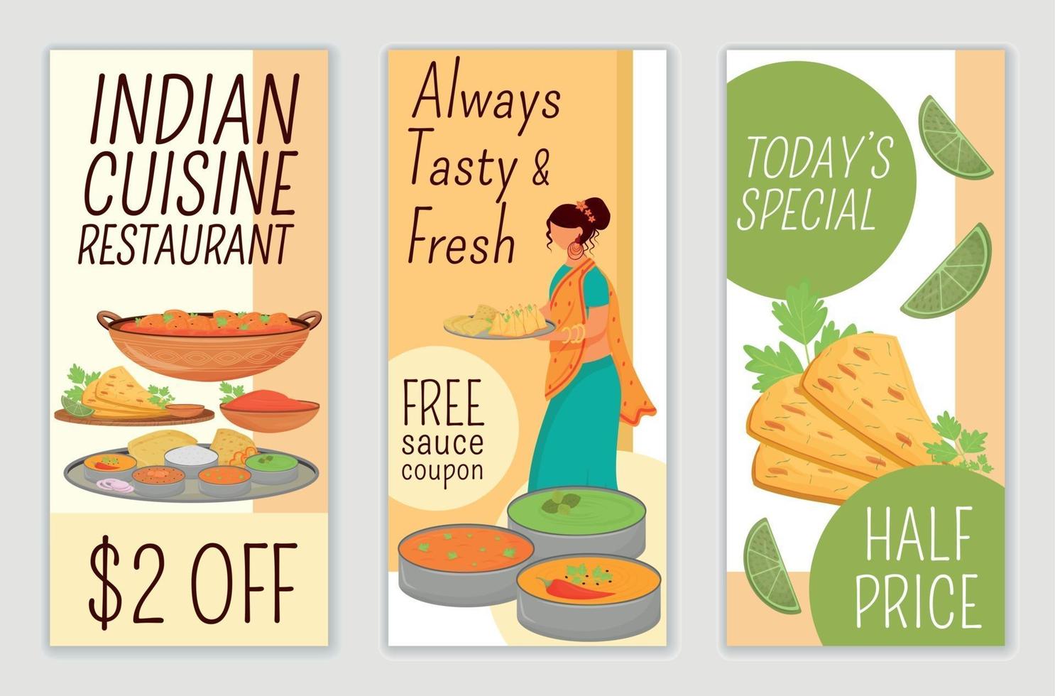 Indian cuisine restaurant flyers flat vector templates set. Special offer, half price printable leaflet design layout. Free sauce coupon advertising web vertical banner, social media stories