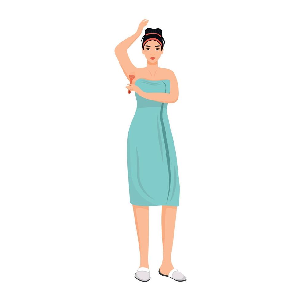 Woman in towel shaving armpits flat color vector faceless character. Morning shower, hygiene routine isolated cartoon illustration for web graphic design and animation. Girl removing body hair