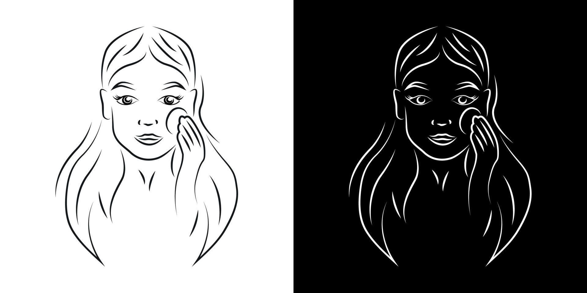 Woman removing make up contour portrait vector illustration. Girl face with smiling expression realistic line art. Lady with cotton pad outline character on black and white backgrounds