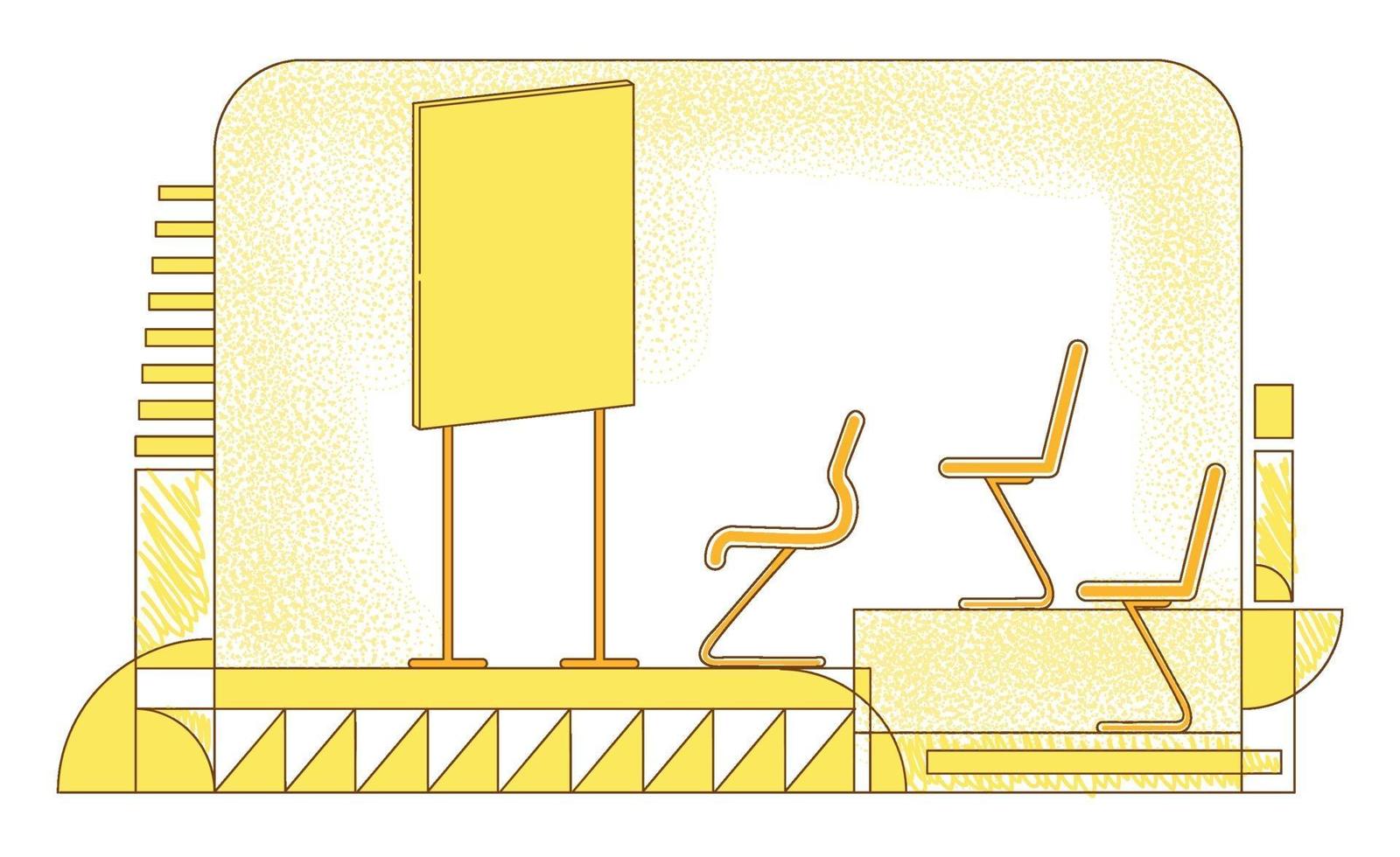 Ilustración de vector de silueta plana de sala de conferencias. sala de reuniones corporativas, composición del contorno de la sala de juntas sobre fondo amarillo. auditorio vacío, aula, sala de conferencias dibujo de estilo simple