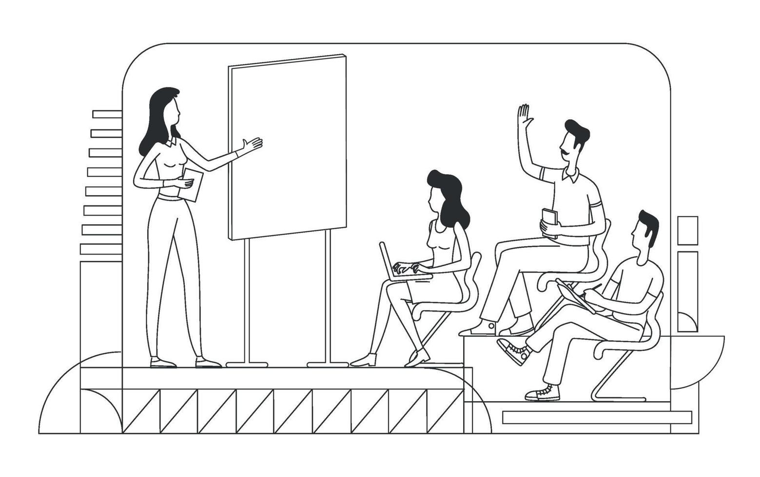 Business school thin line vector illustration. Teacher and students