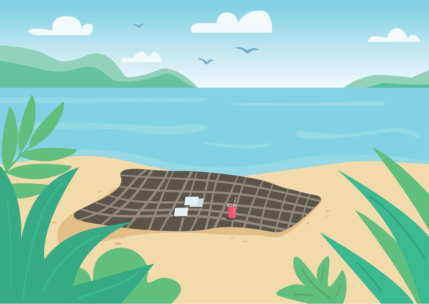 Blanket on wild beach flat color vector illustration. Towel and playing cards on sand. Summer vacation, recreation on nature. Seacoast 2D cartoon landscape with water on background