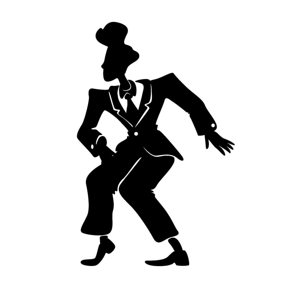 hombre cómico en traje retro silueta negra ilustración vectorial. persona del sexo masculino en pose de boogie woogie. tipo antiguo con peinado de los años 50 en forma de personaje de dibujos animados 2d para comerciales, animación, impresión vector