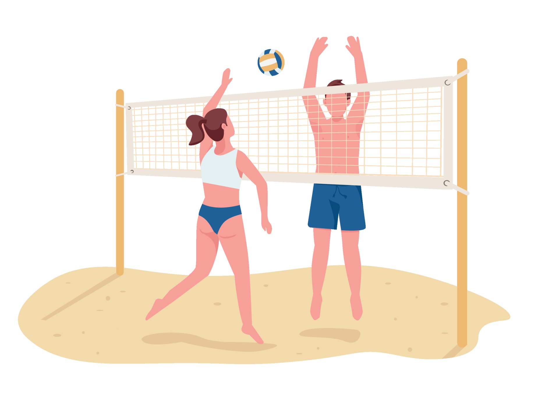 Man and woman playing beach volleyball flat color vector faceless