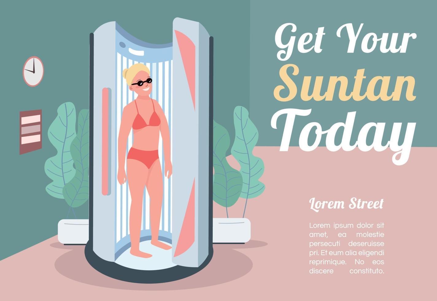 Get your suntan today banner flat vector template. Brochure, poster concept design with cartoon characters. Woman tanning in sunbed. Artificial sunbath horizontal flyer, leaflet with place for text
