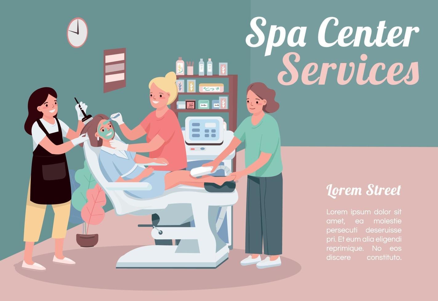 Plantilla de vector plano de banner de servicios de centro de spa. folleto, diseño de concepto de cartel con personajes de dibujos animados. tratamiento facial para el cuidado de la piel. folleto horizontal del salón de belleza, folleto con lugar para el texto