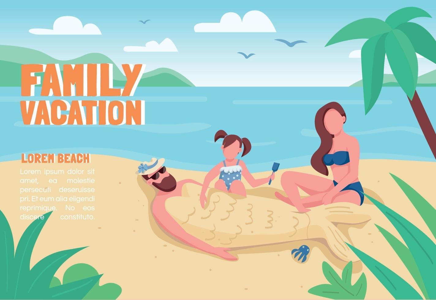 Plantilla de vector plano de banner de vacaciones familiares. folleto, diseño de concepto de cartel con personajes de dibujos animados. padres con recreación infantil en la playa volante horizontal, folleto con lugar para el texto