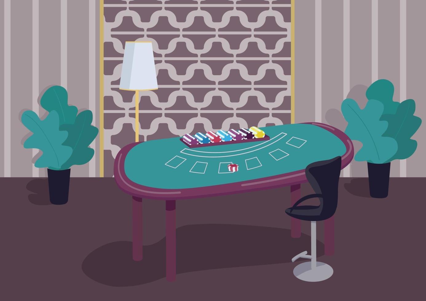 Blackjack green table flat color vector illustration. Counter to play card games. Stack of chips to make bets. Gambling lottery. Casino room 2D cartoon interior with luxury decoration on background