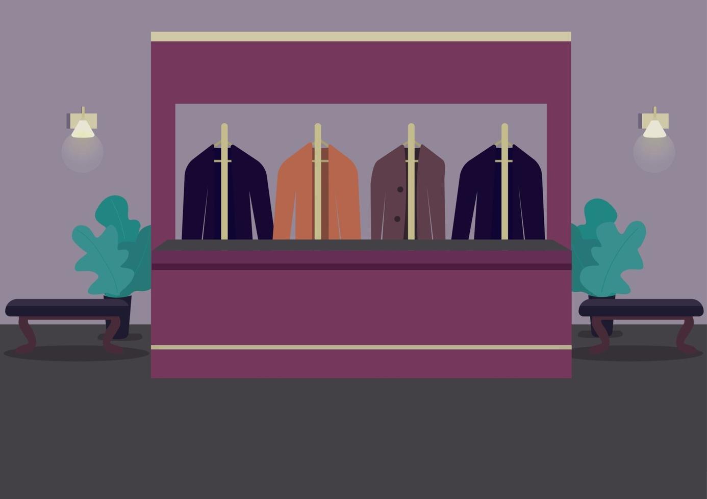 Cloakroom flat color vector illustration. Wardrobe to pick belongings. Theater hall. Restaurant lobby. Suits on hangers. Casino room 2D cartoon interior with receptionist counter on background