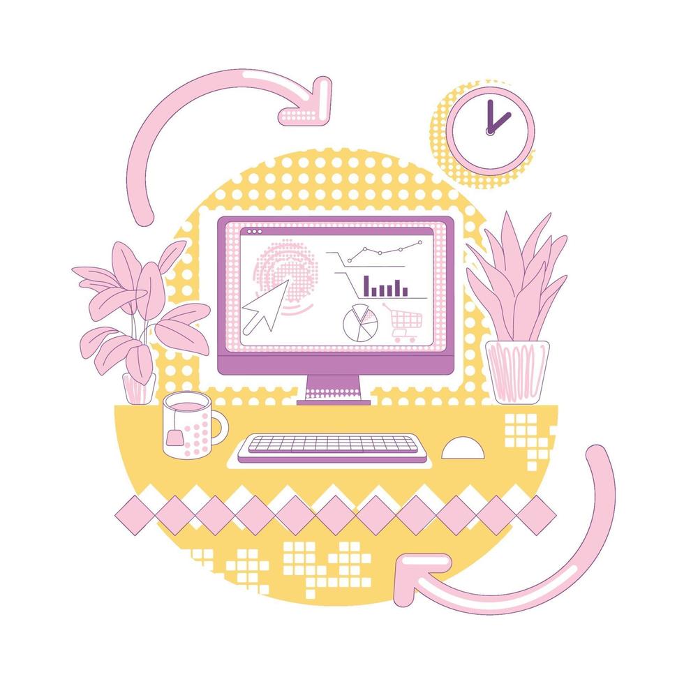Marketing analytics thin line concept vector illustration. Desktop pc, analyst workplace 2D cartoon composition for web design. SEO analysis, marketing research, analytical software creative idea
