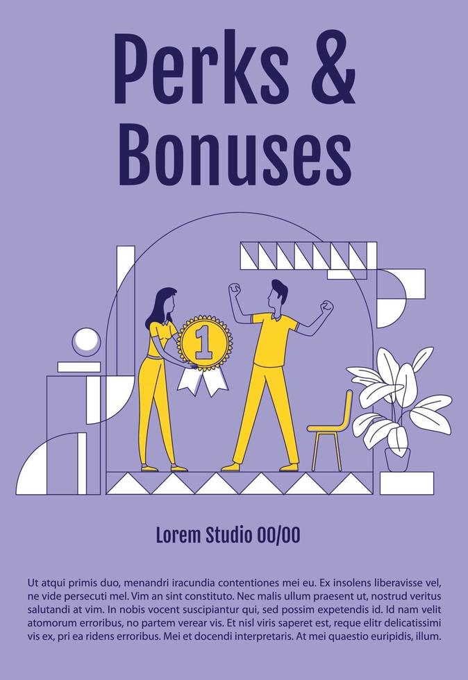 Perks and bonuses system poster flat silhouette vector template. Staff motivation brochure, booklet one page concept design with cartoon characters. Best employee award flyer, leaflet with text space