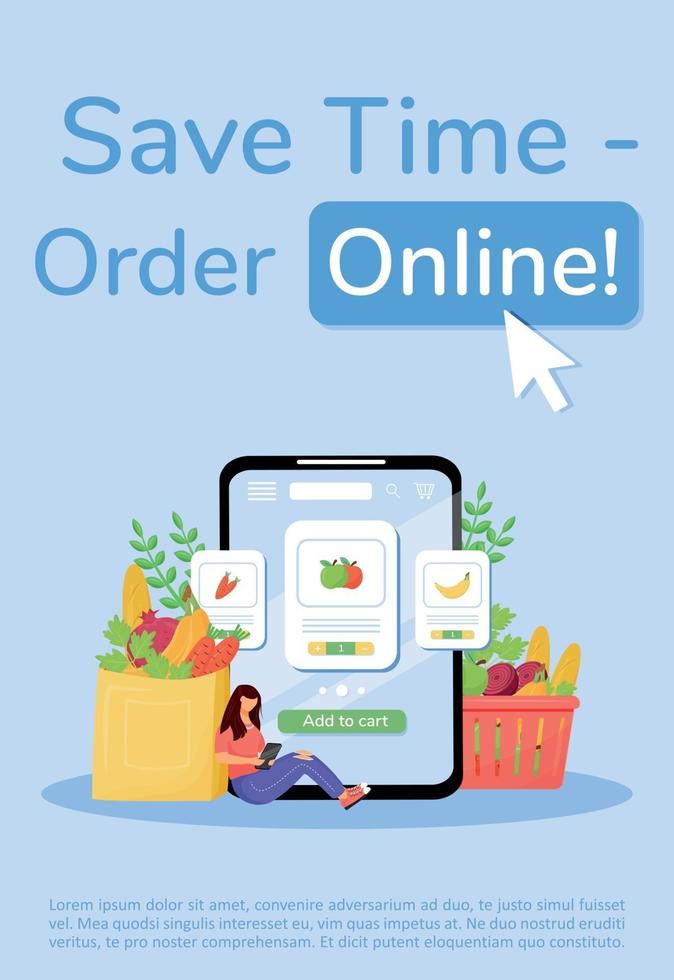 Greengrocery ordering poster flat vector template. Fruits and vegetables delivery brochure, booklet one page concept design with cartoon characters. Online food mobile app service flyer, leaflet