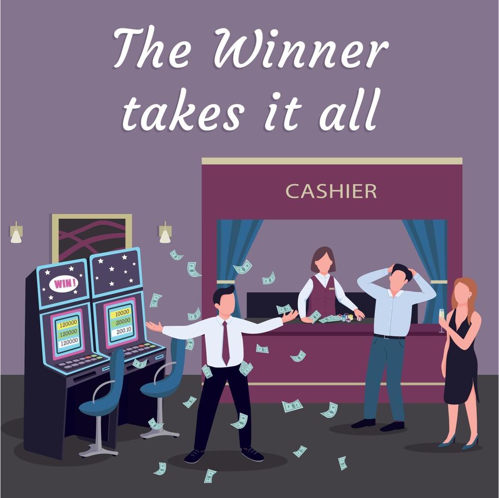 Casino social media post mockup. Winner takes it all phrase. Web banner design template. Slot machine play booster, content layout with inscription. Poster, print ads and flat illustration vector