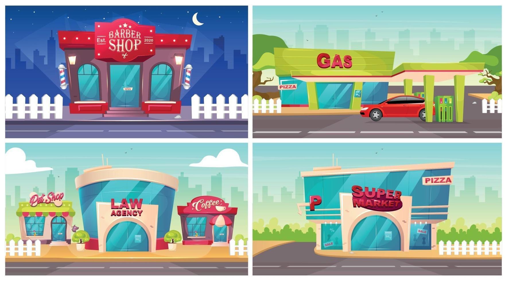 Shop fronts flat color vector illustrations set. Barbershop exterior at night. Law agency in neighborhood. Supermarket facade. Gas station with car in overdrive. Modern 2D cartoon cityscape