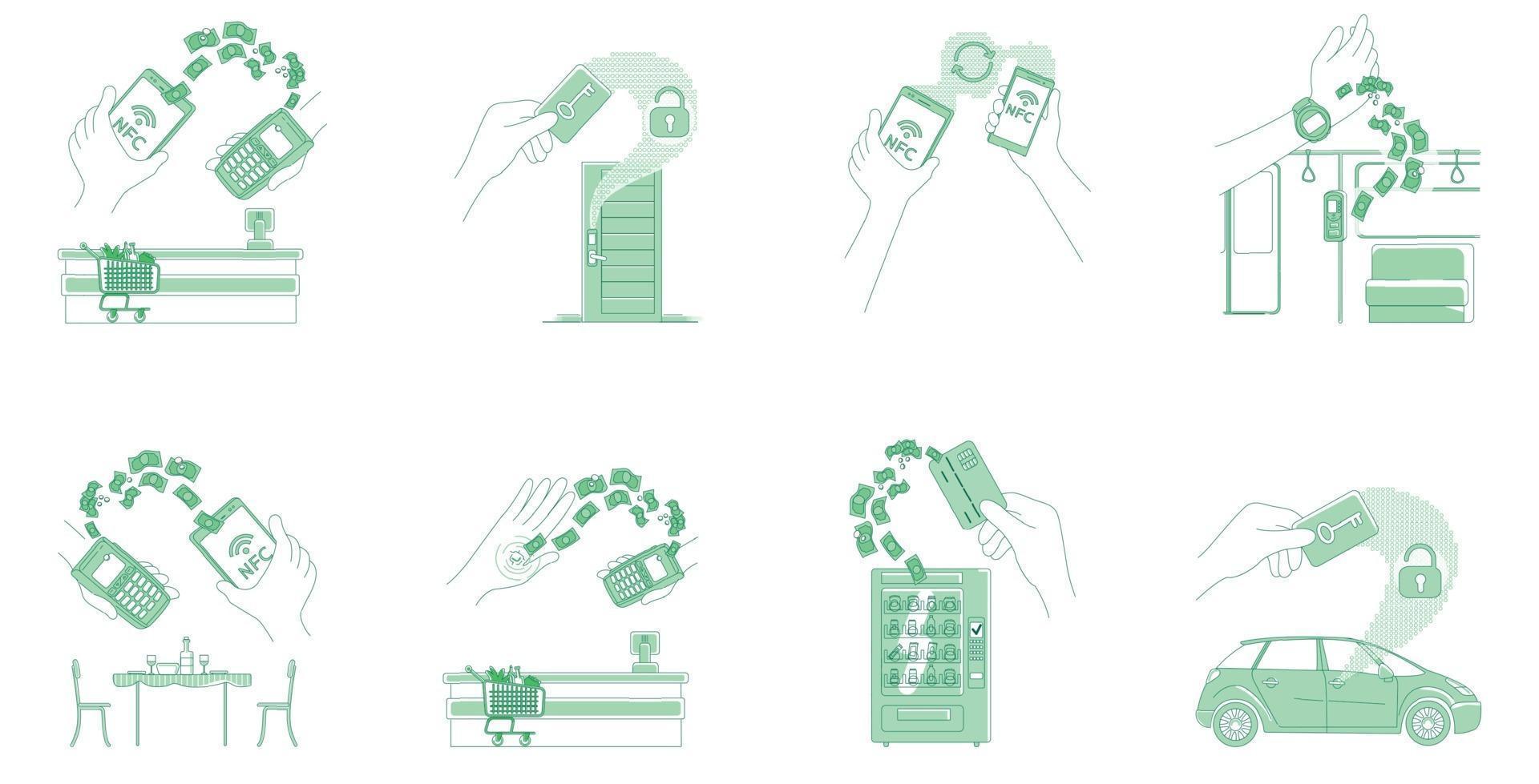 Electronic payments and keycards thin line concept vector illustrations set. People using smart devices 2D cartoon characters for web design. NFC technologies, money transactions creative ideas