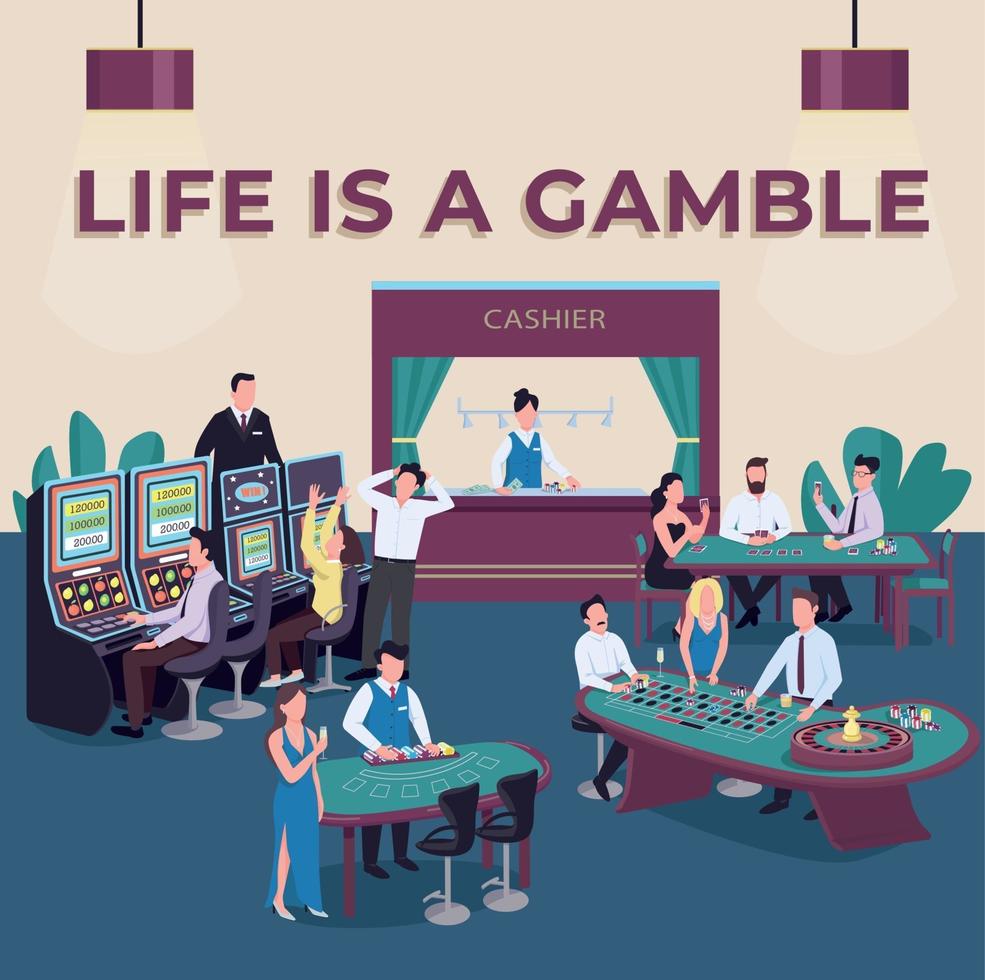 Casino social media post mockup. Life is gamble phrase. Slot machines. Web banner design template. Lottery game booster, content layout with inscription. Poster, print ads and flat illustration vector