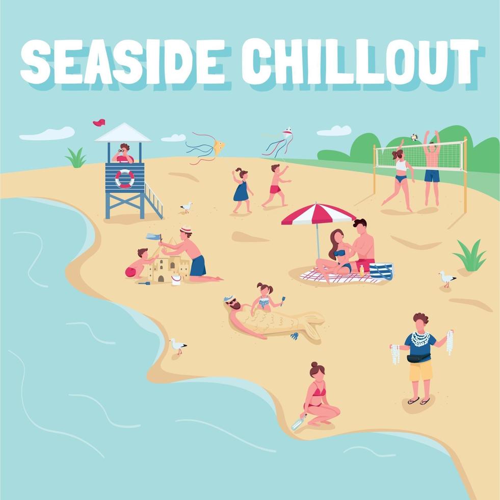 Summer recreation, beach activities social media post mockup. Seaside chillout phrase. Web banner design template. Booster, content layout with inscription. Poster, print ads and flat illustration vector