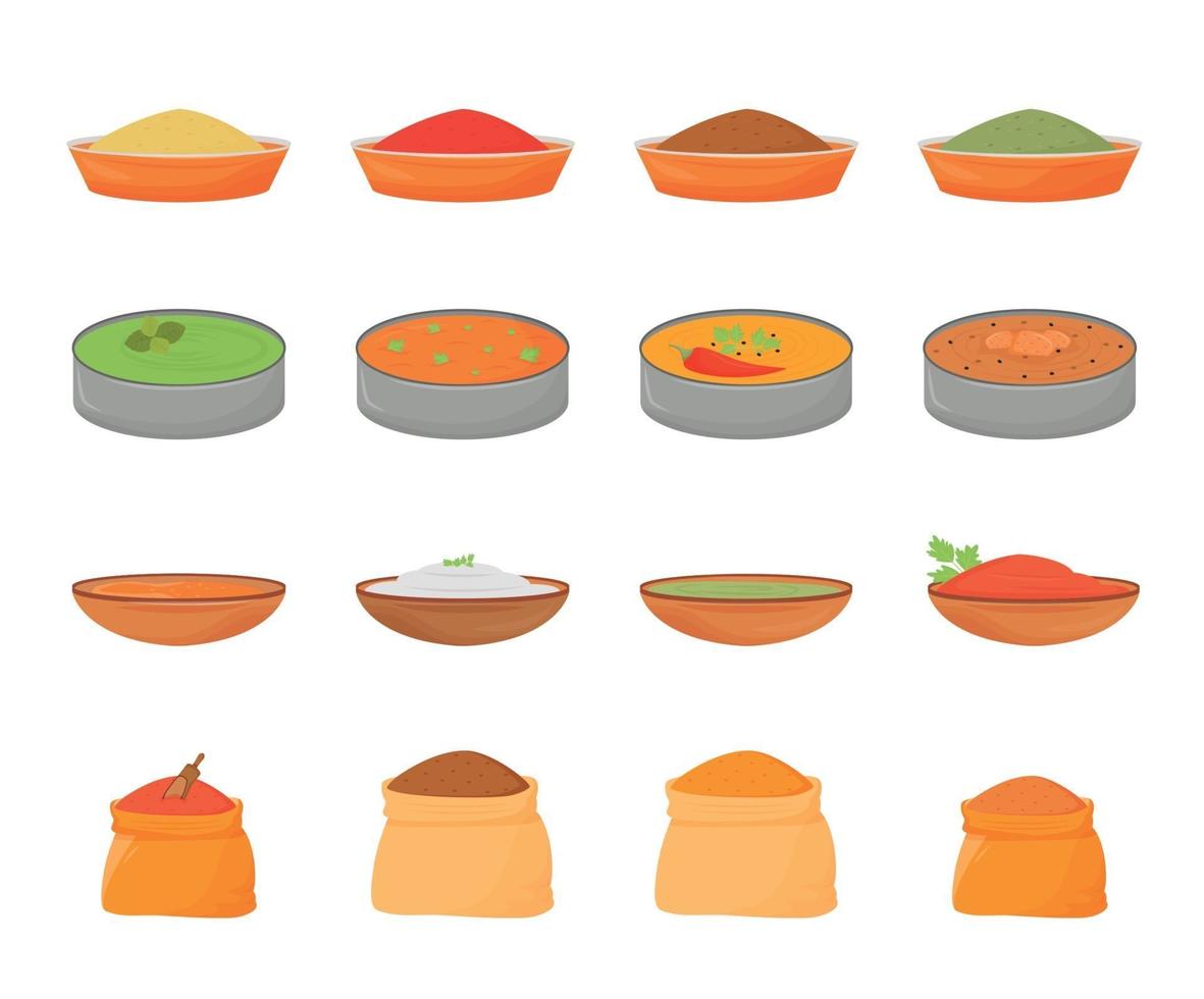 comidas indias y especias conjunto de objetos vectoriales de color plano. Comida tradicional en thali de metal, aromas en cuencos de madera y sacos textiles 2d ilustraciones de dibujos animados aislados sobre fondo blanco. vector