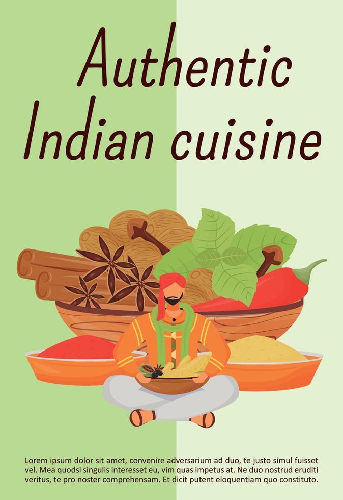 Plantilla de vector plano de cartel de cocina india auténtica. Folleto de especias hindúes tradicionales, folleto de diseño de concepto de una página con personaje de dibujos animados. Folleto de ingredientes de comidas orientales, folleto