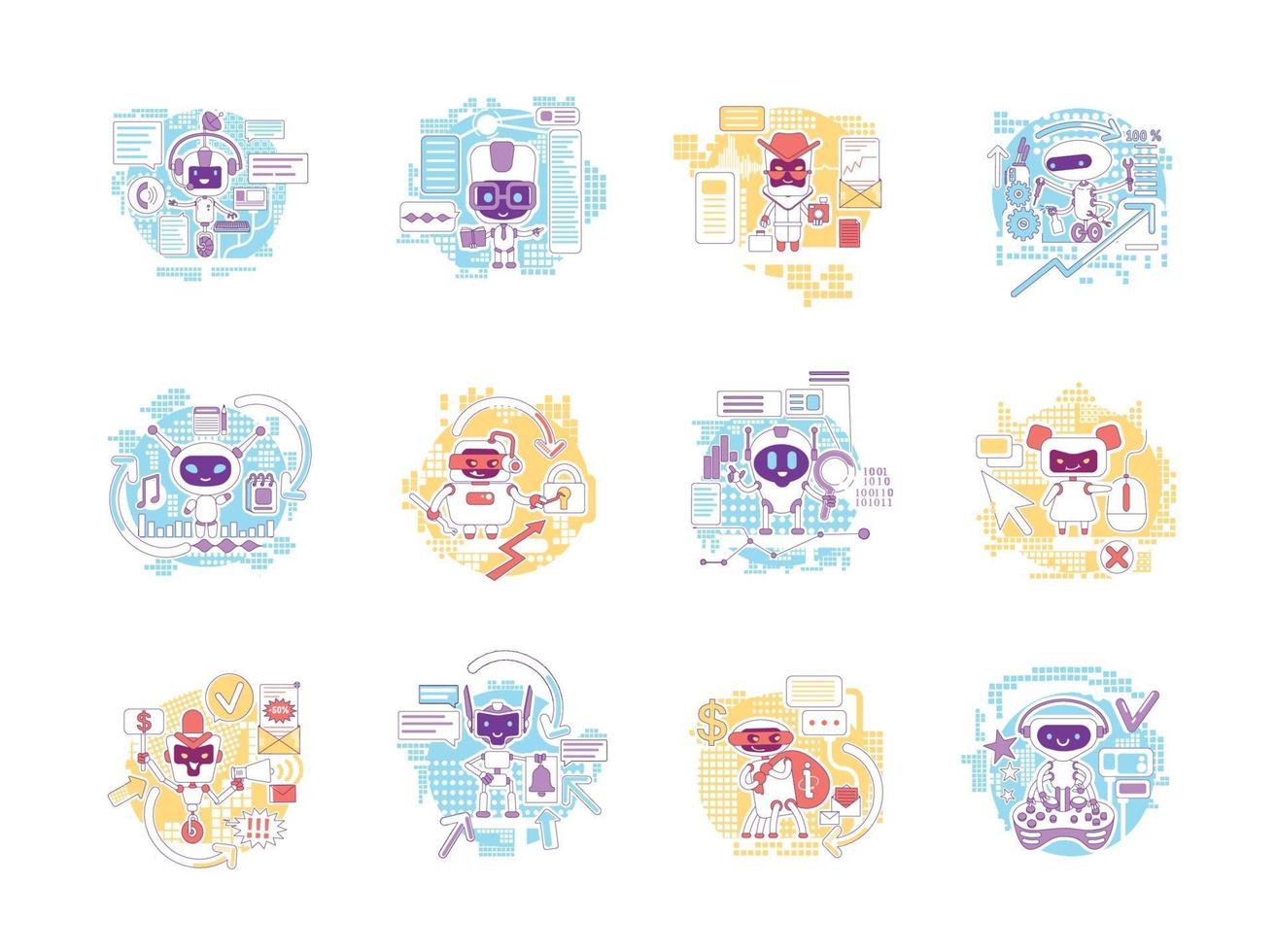 Good and bad bots thin line concept vector illustrations set. Internet robots 2D cartoon characters for web design. Personal AI assistants. Information stealing software creative ideas