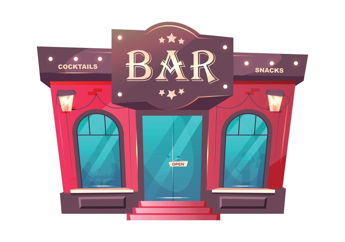 Cocktail bar entrance cartoon vector illustration. Luxury pub exterior flat color object. Cafe brick building front. Premium beverage place. Restaurant entrance isolated on white background