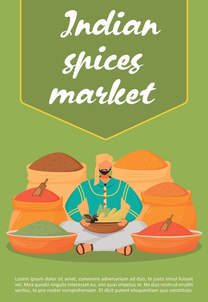 Indian spices market poster flat vector template. Flavouring trade shop brochure, booklet one page concept design with cartoon character. Oriental condiments, food and drink additives flyer, leaflet