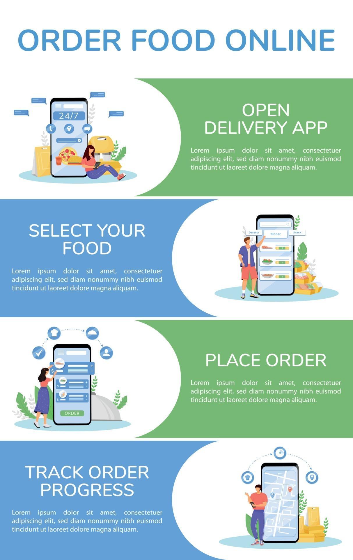 Food order flat color vector infographic template. Mobile app poster
