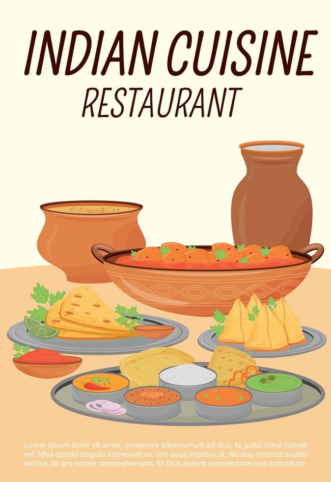 Plantilla de vector plano de cartel de restaurante de cocina india. Platos tradicionales hindúes, folleto de cafetería de comidas orientales, folleto de diseño de concepto de una página. folleto de establecimiento de catering, folleto