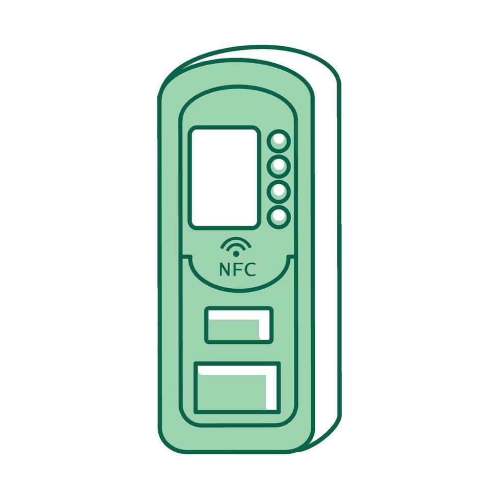 Dispositivo nfc, objeto lineal verde con cerradura sin llave. símbolo de línea delgada del sistema de escaneo de tarjetas. Escáner electrónico, tarjeta idéntica dispositivo inteligente aislado esquema ilustración sobre fondo blanco. vector