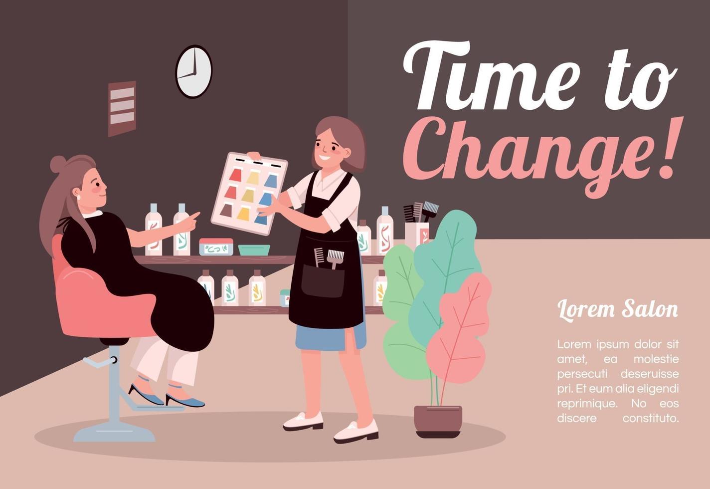 Time to change banner flat vector template. Brochure, poster concept design with cartoon characters. Woman picking hair color. Hairstylist consultation horizontal flyer, leaflet with place for text