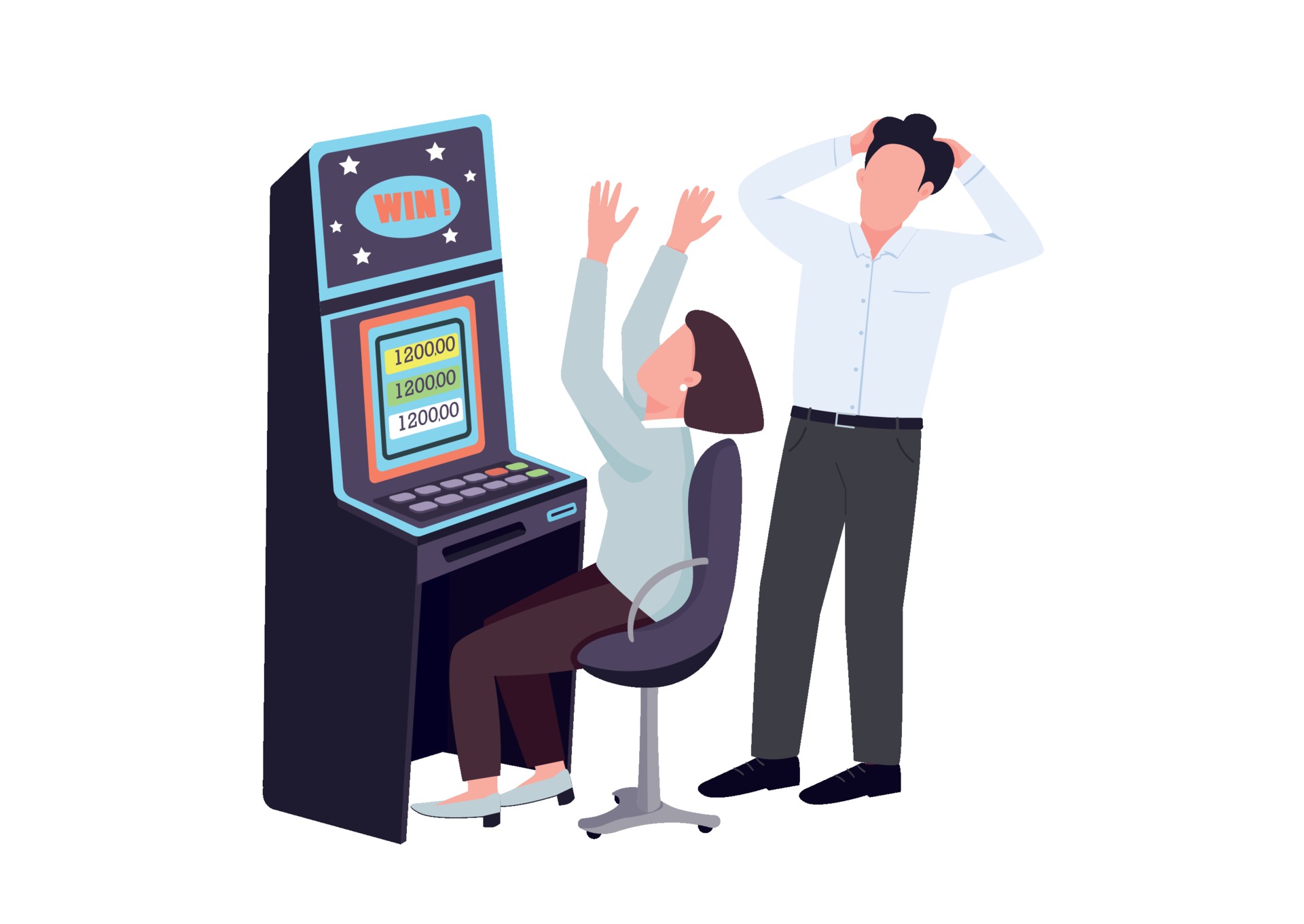 Gambler flat color vector faceless characters. Woman win at slot machine.  Man watch female gambler. Person celebrates winning cash. Get jackpot at  game of chance. Casino isolated cartoon illustration 2252800 Vector Art