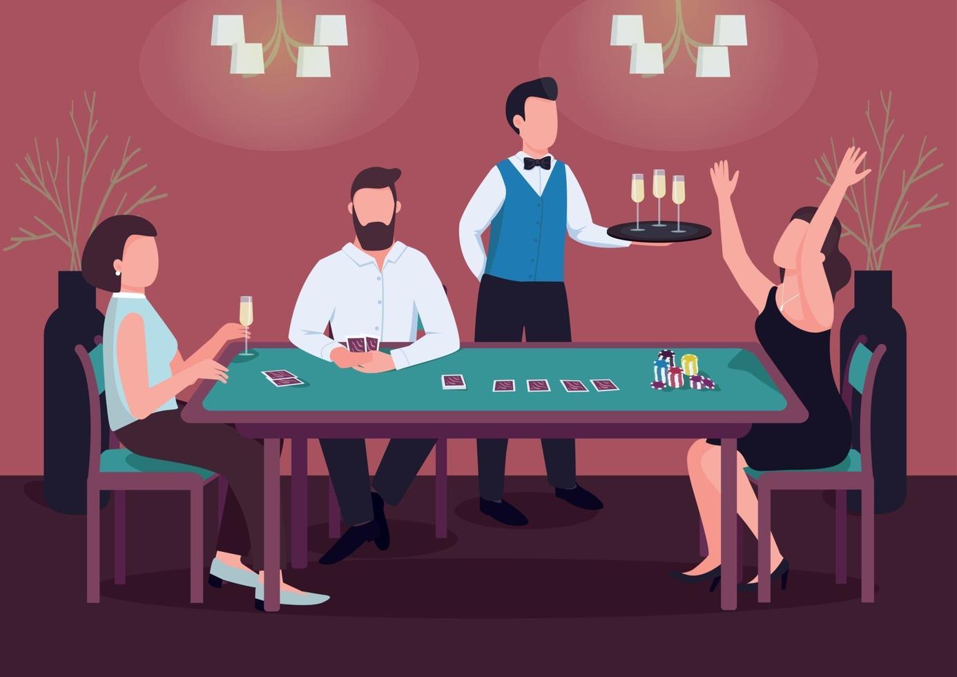 Casino flat color vector illustration. Three people play poker. Woman win card game at green table. Chips to make stakes. Gambler 2D cartoon characters in interior with waiter on background