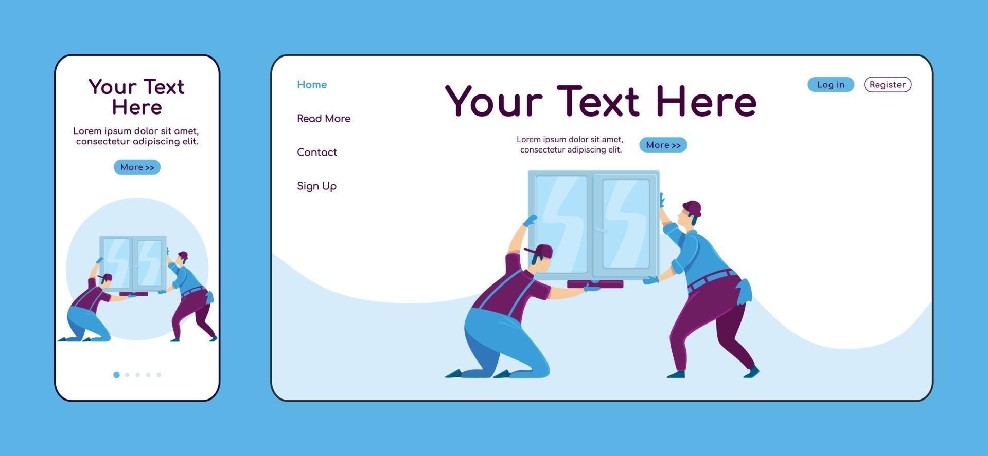 Window installation adaptive landing page flat color vector template. Handyworkers mobile and PC homepage layout. House improvement one page website UI. Home repairs webpage cross platform design