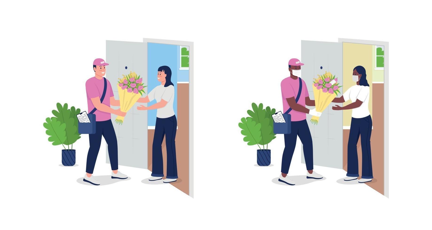 Delivery man with flowers and customer flat color vector detailed character set