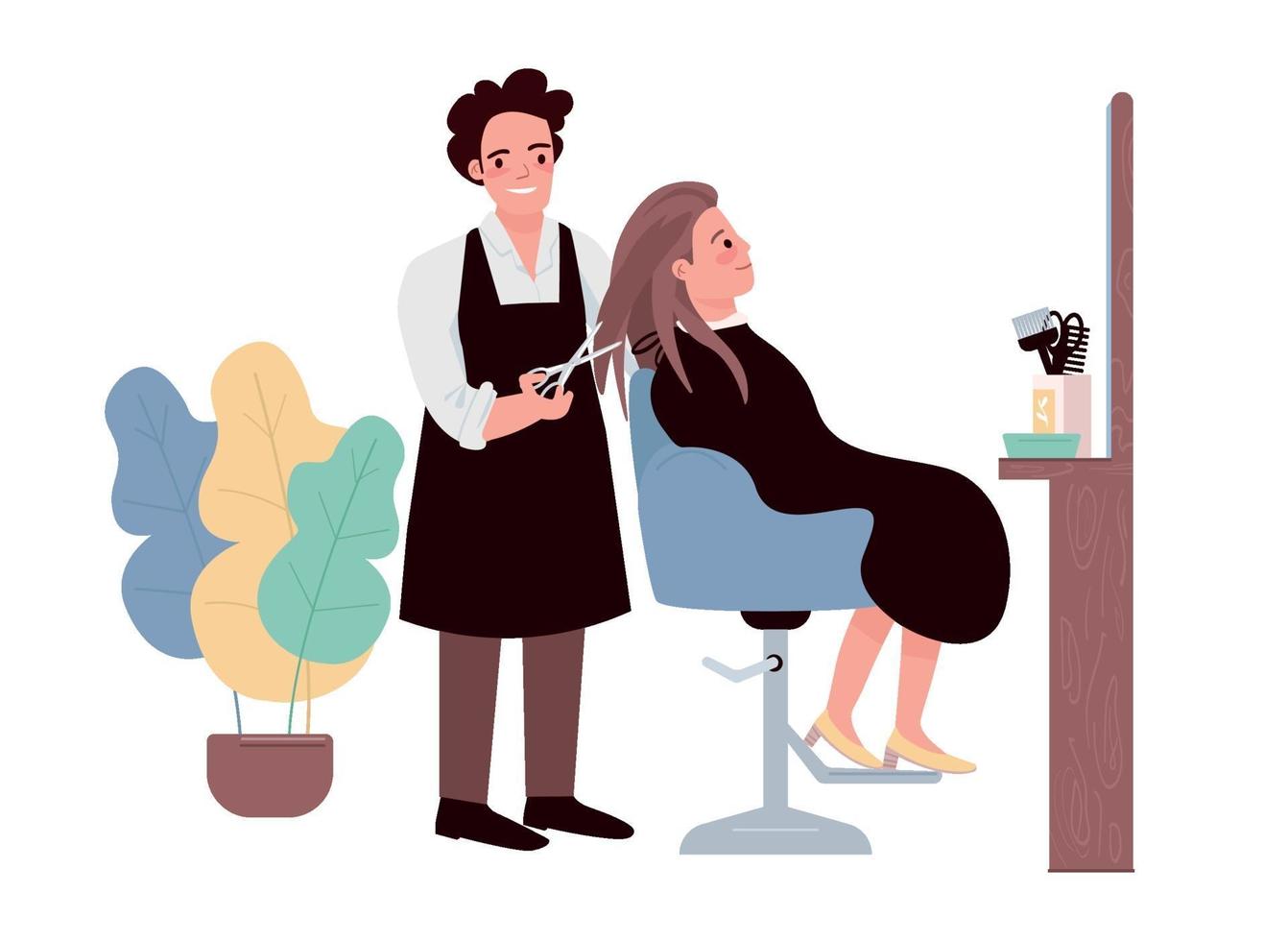 Hairdressing flat color vector characters. Male hairstylist doing haircut. Female caucasian client getting hairdo. Professional hairdresser. Beauty salon procedure isolated cartoon illustration