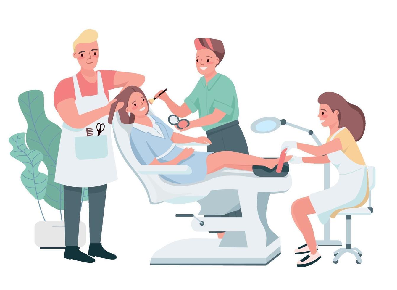 Cosmetic treatment flat color vector characters. Male hairdresser doing haircut. Beautician applying make up. Woman doing pedicure. Beauty salon procedure isolated cartoon illustration