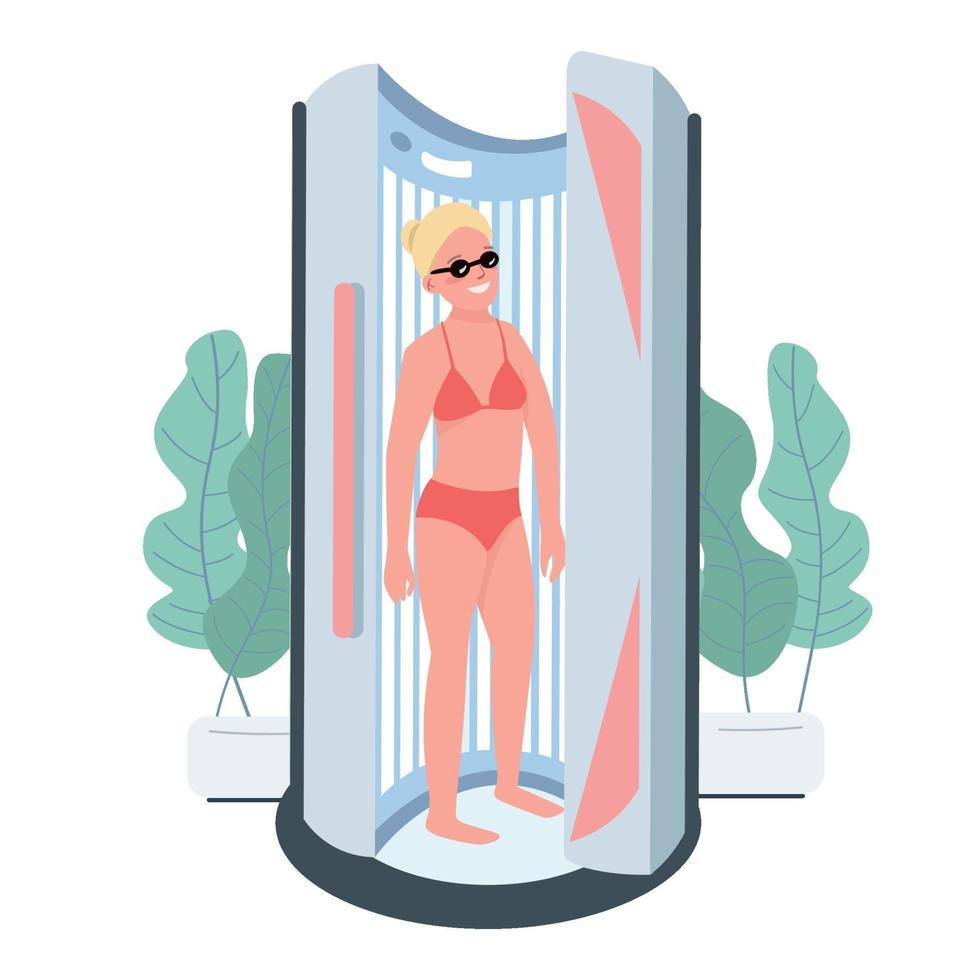 personaje de vector de color plano de bronceado. tratamiento solarium. salón de cosmética interior máquina solarium. mujer bronceada con lámpara artificial. procedimiento de salón de belleza aislado ilustración de dibujos animados